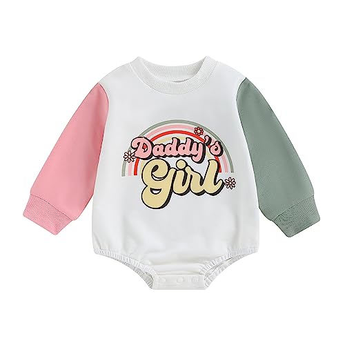 Baby Girl Sweatshirt Bubble Romper Newborn Daddys Girl Color Block Long Sleeve Sweater Onesie Cute Fall Clothes (Daddy’s Girl Rainbow Floral,0-3 Months)