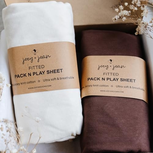 Pack and Play Sheets Fitted – Compatible with 4moms Breeze Plus Playard and Other Large Playpen Mattress – Snuggly Soft 100% Jersey Cotton – Cream + Brown – 2 Pack