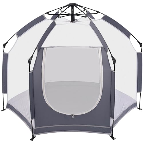 Baby Playpen with Canopy, Portable Mesh Play Yard Indoor and Outdoor, Pop Up Toddler Playpen with Dome, Lightweight Foldable Playspace for Home, Beach and Park, Gray