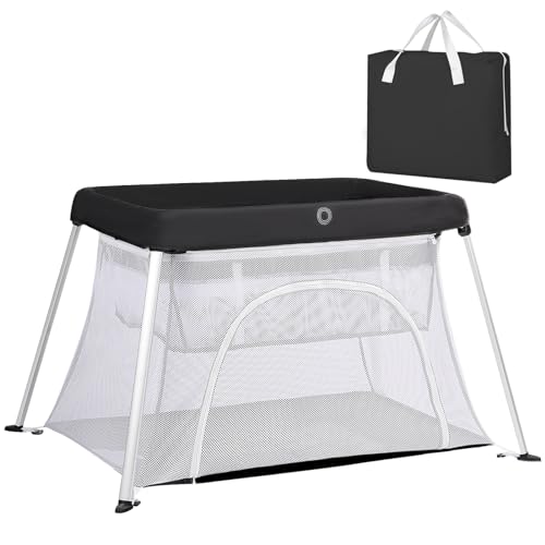 TODEFULL Portable Travel Crib for Baby, 2 in 1 Folding Baby Travel Cribs and Playards with Mattress, Lightweight Playpen for Toddlers with Carry Bag, Pack and Play for Infants, Black