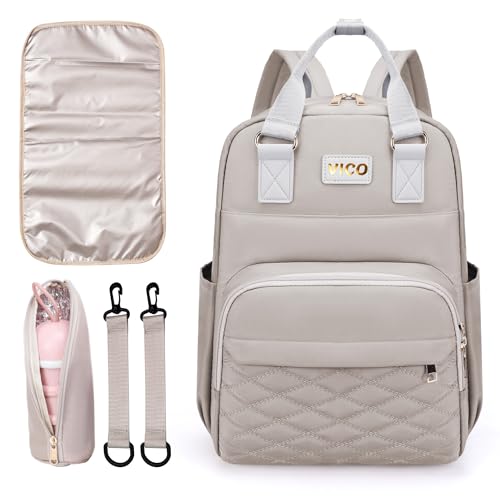 VICO Diaper Bag Backpack – Multifunction Travel Back Pack, Insulated Pockets & Case, Portable Baby Changing Pad, Stroller Straps, Large Capacity, Waterproof and Stylish(Beige)