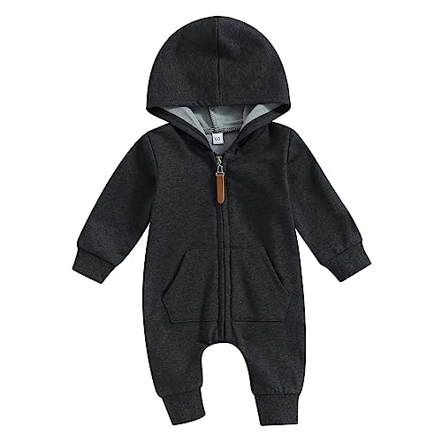 AEEMCEM Newborn Baby Boy Girl Clothes Solid Color Zip Up Long Sleeve Hooded Romper Jumpsuit Coverall Fall Winter Outfit (A-Black&Gray, 0-3 Months)