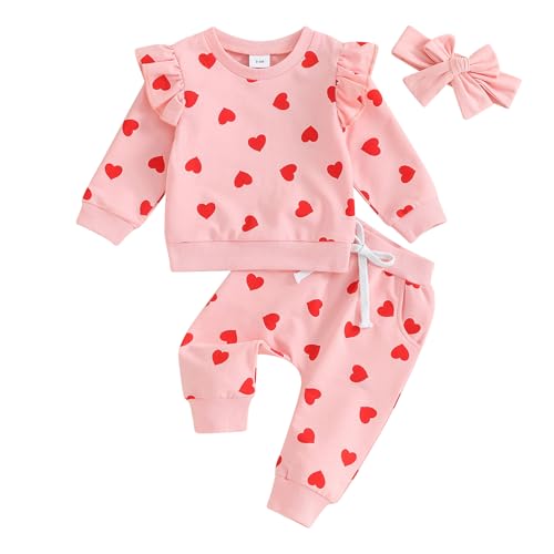 Amiblvowa Toddler Newborn Baby Girl Clothes Red Hearts Sweatshirt and Pants Set Fall Winter Spring Valentines Day Outfit (3Pcs with Headband Pink, 18-24 Months)