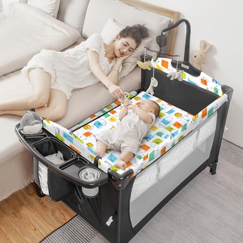 Afgbf 5-in-1 Pack and Play, Baby Bassinet Bedside Sleeper with U-Shaped Diaper Changer, Portable Baby Playard for Newborn Toddlers, Baby Crib with 4 Adjustable Height, Carry Bag, Easy to Install