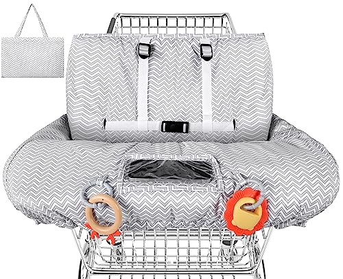 Yoofoss Shopping Cart Cover for Baby, 2-in-1 High Chair Cover with Safety Harness, Multifunctional Cart Covers for Toddler, Universal Fit, Soft Padded Grocery Cart Cover for Baby Boy Girl – Gray Waves