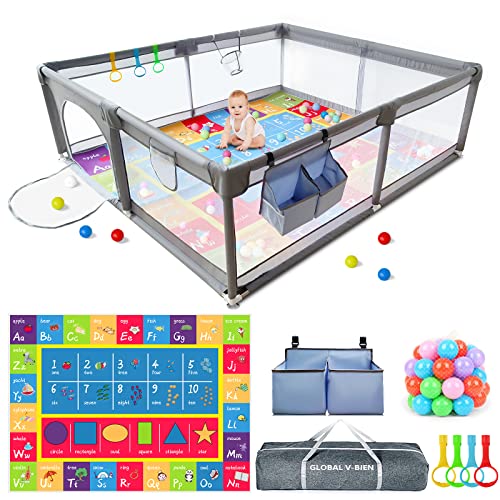 Global V-Bien Baby Playpen, 79″ X 71″ Extra Large Baby Play Yards with Mat, Safety Play Pens for Babies and Toddlers, Indoor&Outdoor Baby Girl Fence Play Pin Area with Zipper Gate/Visible Mesh