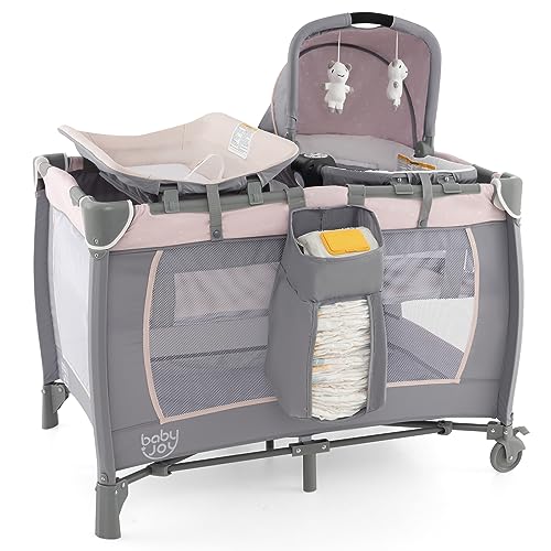 BABY JOY 4 in 1 Pack and Play, Portable Baby Playard w/Bassinet & Diaper Changing Table, Infant Bassinet Crib with Toys & Music & Oxford Bag for Baby Toddlers (Pink + Purple, Starry Sky)