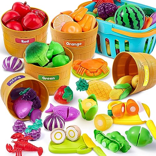 JOYIN 69-Piece Color Sorting Play Food Set – Learning Toys for Boys & Girls, Cutting Food Toy, Kitchen Accessories for Kids, Toddler Sorting /Fine Motor Skills Toy, Daycare/Preschool Educational Toys
