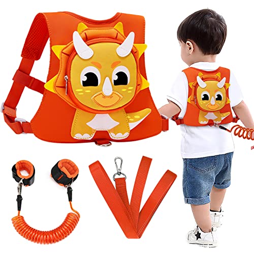 Toddler Harness Leash with Anti Lost Wrist Link, Accmor 3 in 1 Kids Dinosaur Harnesses Leashes, Cute Triceratops Child Walking Assistant Wristband Tether Strap Belt for Baby Boys Girls