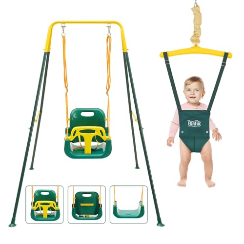 FUNLIO 2 in 1 Swing Set for Toddler & Baby Jumper, Heavy Duty Kids Swing & Bouncer with 4 Sandbags, Foldable Metal Stand for Indoor/Outdoor Play, Easy to Assemble and Store – Green