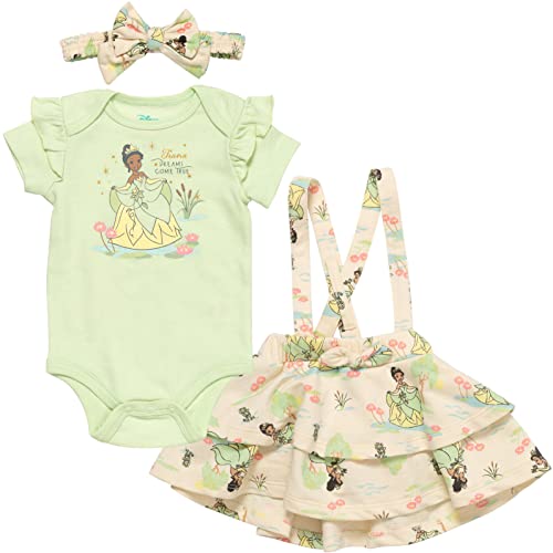 DISNEY PRINCESS Tiana Baby Girls 3 Piece Outfit Set: Bodysuit French Terry Jumper Headband Green/White 6-9 Months