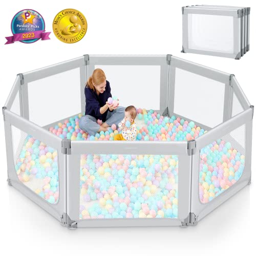 Baby Playpen, Kidirect Foldable Playpen Large Baby Playard Lightweight, Shape & Size Adjustable, Indoor & Outdoor Portable Play Yard for Babies and Toddlers Easy Fold (Grey,71″×69″)