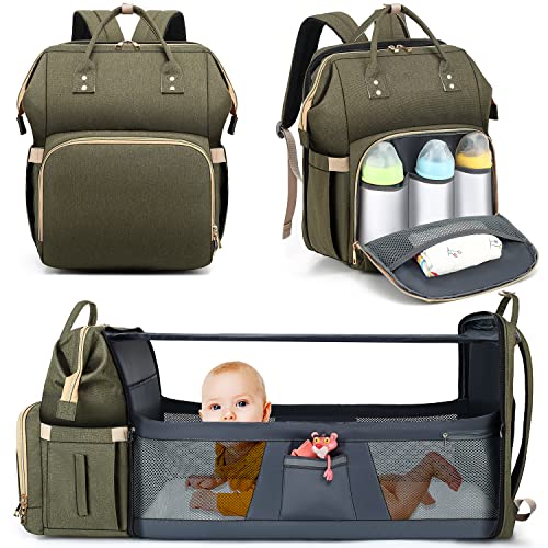 DIPUG Baby Diaper Bag Backpack with Changing Station – Army Green, 16-Pocket Capacity, Waterproof, Unisex