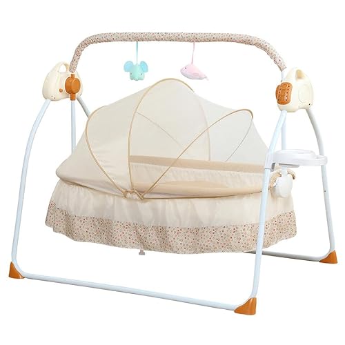 Electric Auto-Swing Baby Crib Cradle Infant Music Basket Sleeping Bed +Bluetooth,5 Speed Stand Crib Auto Rocking Chair Bed with Remote Control Infant Musical Sleeping Basket for 0-18 Months (Khaki)