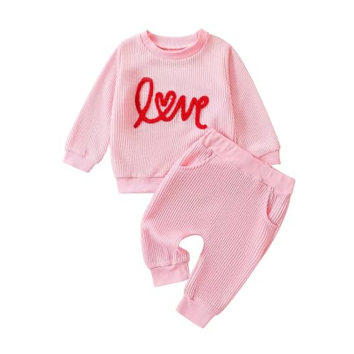 Socutebabe My First Valentines Day Baby Girl Clothes Heart Long Sleeve Crewneck Sweatshirt+Pants Fall/Spring Outfit Set (LOVE-Pink,12-18 Months)