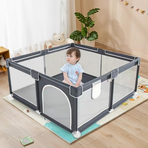 Bomvabe Baby Playard, 51”×51” Baby Playpen，Playpen for Babies and Toddlers, Sturdy Safety Play Yard with Breathable Mesh,Indoor & Outdoor Kids Activity Center,Baby Fence (Grey)