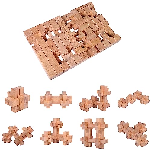 Onietoiy Difficult 20pcs DIY Wooden Brain Teaser Puzzle Toy 9 Types Assembly Building Blcok Games 94 Methods Challenge IQ Lock Toys 3D Brainteaser Educational Puzzles Unique Gift for Kids and Adults