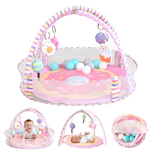 AskCat Baby Play Gym Mat,4-in-1 Baby Play Mat Activity Gym, Pink Donut Play Mats with Ball Pit,Baby Gym Activity Mat for Newborn,Toddler to Develop Motor Cognition(Balls are Included)