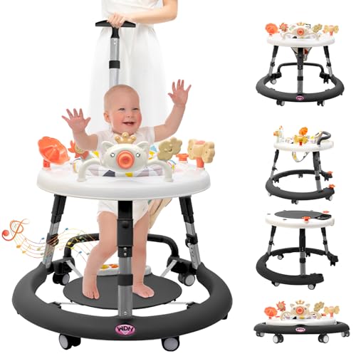 4 in 1 Baby Walker, Baby Walker with Wheels & 4 Heights Adjustable, Foldable Baby Walker Include Musical Toy Tray and PVC Pedals, Baby Walkers for Babies 6-18 Months Black