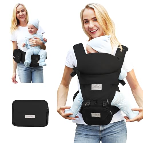 FRUITEAM Baby Carrier Newborn to Toddler, Safety-Certified Baby Carrier with Hip Seat, Ergonomic 6-in-1 Baby Carrier with Head Support, Adjustable & Removable Baby Holder for All Seasons, Black