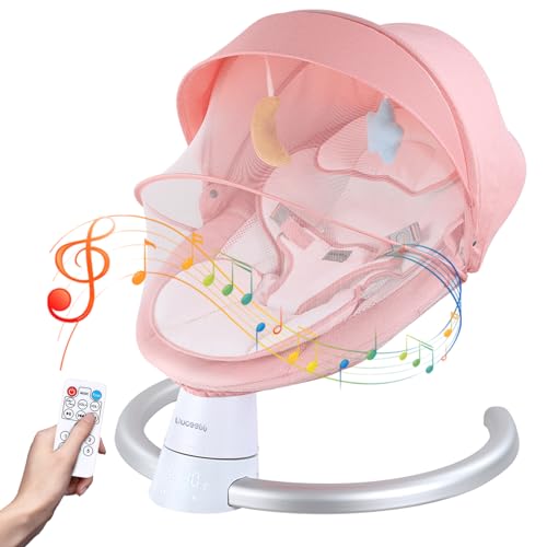 Uuoeebb Baby Swing for Infants, Portable Electric Baby Rocker Bluetooth Support with 5 Swing Speed 10 Lullabies, Remote Control/Touch Panel – Infant Swing for Indoor and Outdoor Use, Pink