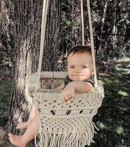 S.N.HANDICRAFTS Handmade Macrame Baby Swing Natural Rope Hammock for Baby Macrame Swing Chair, Natural Color