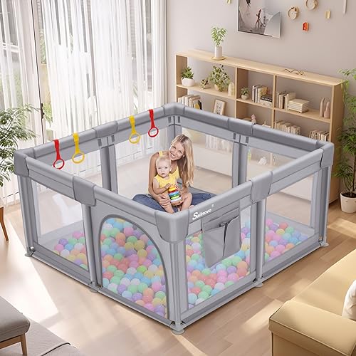 Sailnovo Baby Playpens for Babies and Toddlers, Large Baby Play Pen Yard for Kids Activity Center, Baby Fence Play Area with 8 Anti-Slip Suckers, 4 Handlers, Storage Bag, Grey(51’x51′)