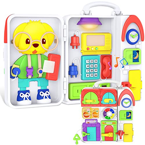 Montessori Busy Board for Toddlers 1-3 w/Bilingual Music, 20+ Activity Toddler Educational Toys Age 1-2, Sensory Toy for 1 2 3 Year Old Boy Girl Christmas Birthday Gift