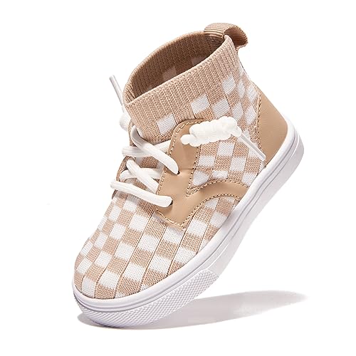 Newsonet Baby Shoes Boys Girls First Walking Non Slip Walker Lightweight Breathable Mesh High Top Sneakers Khaki White Size 6-12 Months Infant