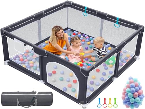 Baby Playpen for Toddlers and Babies, 71″ X 59″ X 27″ Large Safe and Sturdy Play Fence with Gate Pull Up Rings/Marine Ball for Indoor and Outdoor Use (Grey)