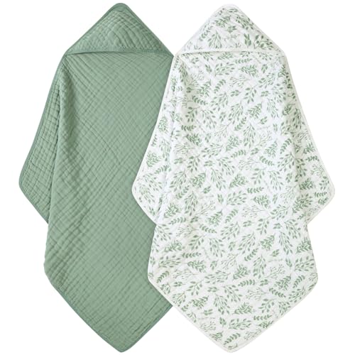 FIEMOL Baby Bath Towels, 100% Muslin Cotton Hooded Baby Towels for Newborn, 2 Pack Baby Towels with Hood for Infant Toddler and Kids, Large 32x32Inch, Soft and Absorbent