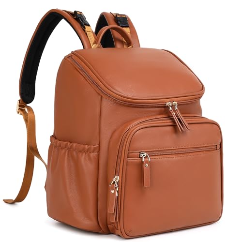 LORADI Faux Leather Diaper Bag Backpack with Storller Clips, Water-Resistant, Anti-Theft Pocket, Brown