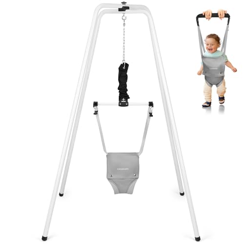Cowiewie 2 in 1 Baby Jumper with Strong Support Stand, w/Walking Harness Function, Baby Exerciser Quick-Fold and Storage, White+Gray