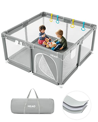 HEAO Baby Playpen, Baby Playpen for Babies and Toddlers, Baby Playard, Playpen for Babies with Gate, Sturdy Play Yard with Soft Breathable Mesh，Baby Fence 51×51,Light Grey