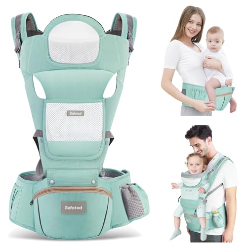 Safotad Baby Carrier with Hip Seat,Ergonomic M Position 6in1 Baby Carrier Newborn to Toddler,Head Support and Breathable Mesh Newborn Carrier,Adjustable Baby Holder Carrier for Dad&Mom-Green