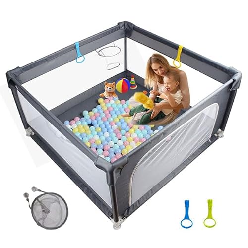 Baby Playpen Baby Playard, Baby Fence for Babies and Toddlers, Baby Playard Indoor & Outdoor with Basketball Hoop & Big Gate, Safety Playpen for Babies with Soft Breathable Mesh (50”×50”)