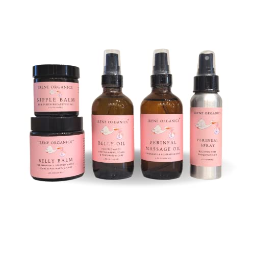 Irene Organics Belly Bundle – Organic Belly Balm and Natural Belly Oil for Pregnancy Stretch Marks and Scars (5 piece set – SM)