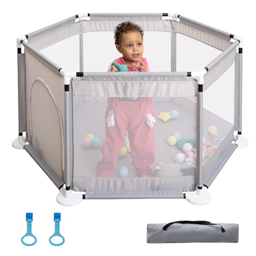 BABELIO Portable Baby Playpen for Babies and Toddlers, 47″ x 45″ Safety Baby Fence with Breathable Mesh and Pull Tabs, Indoor & Outdoor Kids Activity Center (Gray)