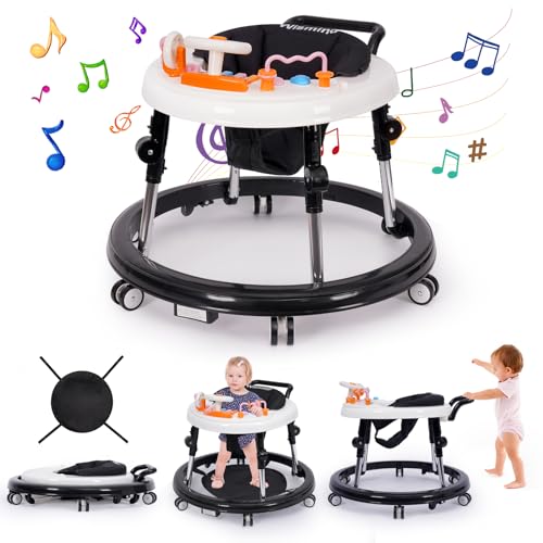 Wismind Music and Lights Baby Walker Foldable with 9 Adjustable Heights, Baby Walker with Wheels Portable, Baby Walkers and Activity Center for Boys Girls Babies 7-18 Months