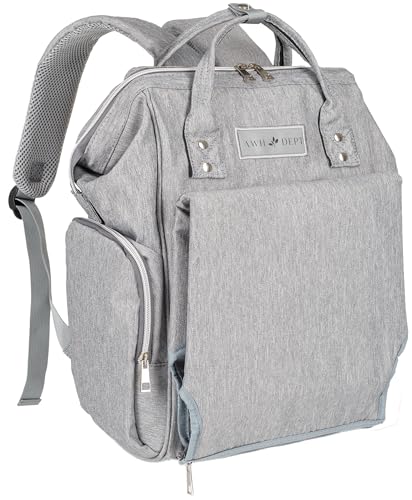 AWH Dept Diaper Bag Backpack – Large Diaper Bags/Baby Bag for all Baby Essentials & Diaper Bag Essentials – Waterproof Baby Backpack with Changing Station (Grey)