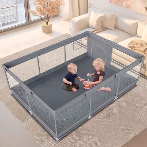 Baby Playpen 74″ x 50″ Extra Large Play Yard Playpen for Babies and Toddlers with Zipper Gate Indoor & Outdoor Safety Baby Activity Center with Breathable Mesh Non-Slip Play Pen