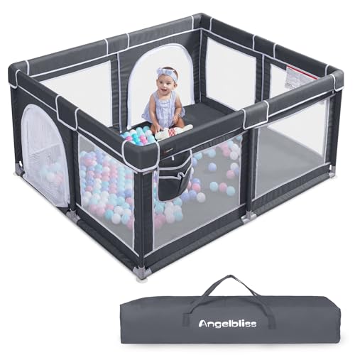 ANGELBLISS Baby Playpen, Extra Large Playard, Indoor & Outdoor Kids Activity Center with Anti-Slip Base, Sturdy Safety Play Yard with Breathable Mesh, Kid’s Fence for Toddlers (Dark Grey, 50×50)