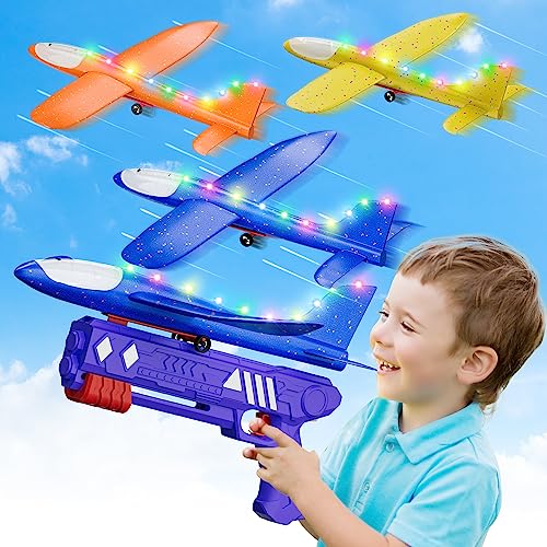 Ceekan 3-Pack LED Airplane Toy, Foam Glider with Plane Launcher – Catapult Plane with 2 Flight Modes, Kids Gifts Flying Toy for 3 4 5 6 7 8 9 10 11 12 Year Old Boys Girls