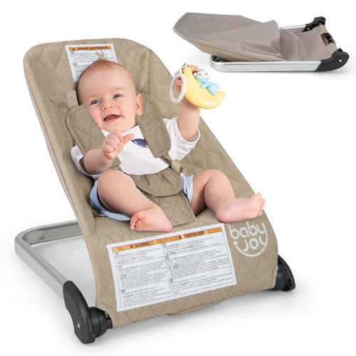 BABY JOY Baby Bouncer, Foldable Baby Rocker & Stationary Seat with 5-Point Safety Harness, Removable Fabric Cover, Portable Infant Bouncer Seat for Newborns Baby 0-6 Months (Beige)