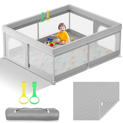 Omzer Baby Playpen with Mat 71x59inch: Large Playpen for Babies and Toddlers Indoor Safety Play Pen with Soft Breathable Mesh – All-Wrapped Sponge Sturdy Play Yard with Stable Mat Magic Sticker.