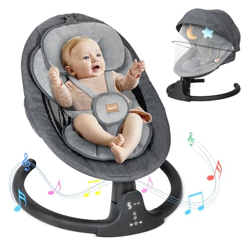 BIUSIKAN Baby Swings for Infants, Bluetooth Baby Rocker with 10 Lullabies, 5 Point Harness Belt, 3 Seat Positions, Touch Screen & Remote Control, Infant Swing for Newborn, Indoor & Outdoor Use