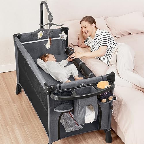 ANGELBLISS 5 in 1 Baby Bassinet Bedside Crib, Rocking Bassinet with Diaper Changer, Pack and Play Bassinet, Folding Playpen Portable Playard with Hanging Toys, Sheet& Mattress-Pink (Grey)