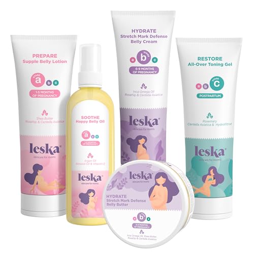 Leska Complete Maternity Set of 5 | PREPARE Belly Lotion, SOOTHE Belly Oil, HYDRATE Defense Cream & Belly Butter, RESTORE All-Over Toning Gel | All Maternity Stages Skin Care (Set of 5, 4-4.93oz each)