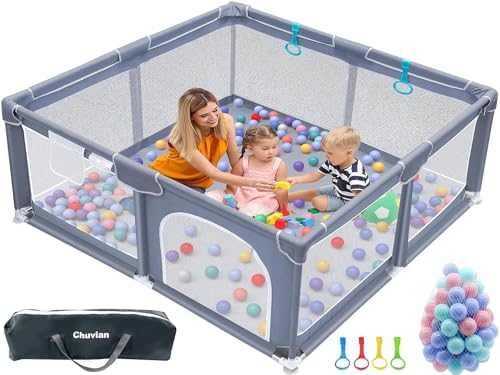 Baby playpen for Babies and Toddlers, Large Area Play Pen for Kids to Play & Learn, Safe and Sturdy Play Yard with pens Pull up Rings/Marine Ball/Storage Bag (Dark Gray)