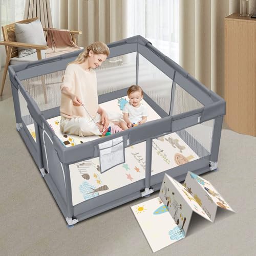 Baby Playpen with Mat, 50×50 inch Playpen for Babies and Toddlers with Mat, Baby Playard Safety Fence Active Center for Indoor